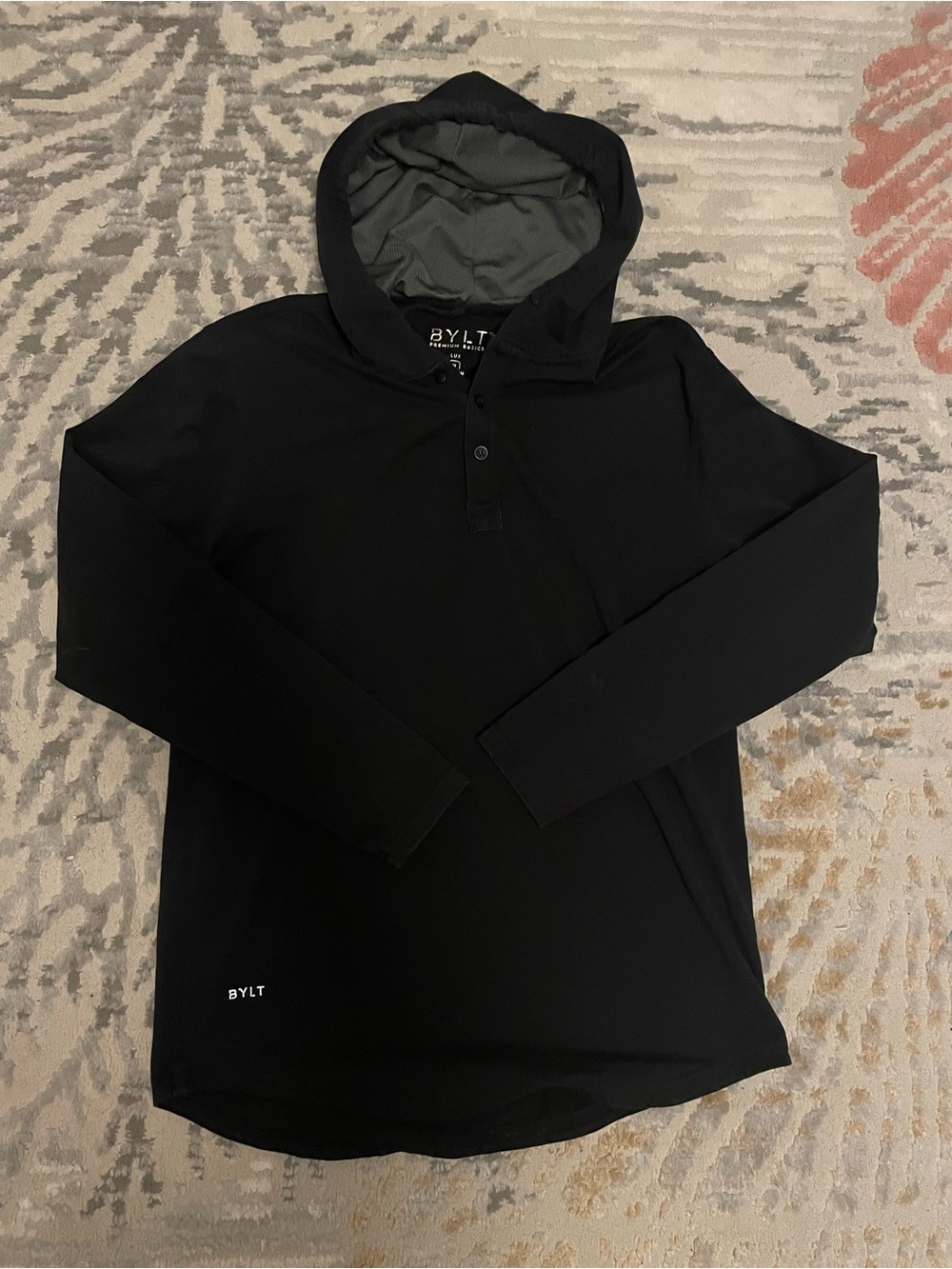 BYLT Drop-Cut LUX Hooded Henley Hoodie Mens Medium Black